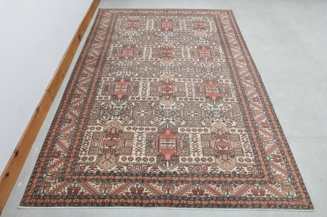6x10 VINTAGE HANDMADE RUG: Title: 6x10 VINTAGE HANDMADE RUG Origin: Turkey Date/Period: 1960 - 1970 Materials: Wool And Cotton Size: Width: 6.4 feet; Length: 9.9 feet Description: This Turkish one-of-a-kind Vintage Turkish Rug