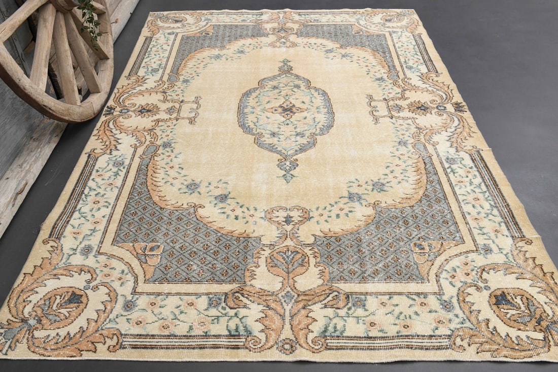 5.9x9.2 TURKISH Area Rug: Title: 5.9x9.2 TURKISH Area Rug Origin: Turkey Date/Period: 1960 - 1970 Materials: Wool And Cotton Size: Width: 5.9 feet; Length: 9.2 feet Description: This Turkish one-of-a-kind Vintage Turkish Rug i