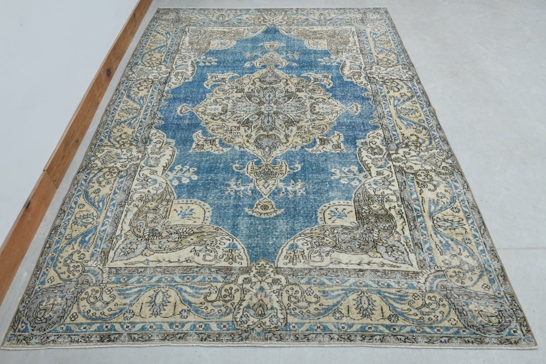 7.1x10.3 ft, BLUE TURKISH RUG: Title: 7.1x10.3 ft, BLUE TURKISH RUG Origin: Turkey Date/Period: 1960 - 1970 Materials: Wool And Cotton Size: Width: 7.1 feet; Length: 10.3 feet Description: This Turkish one-of-a-kind Vintage Turkish