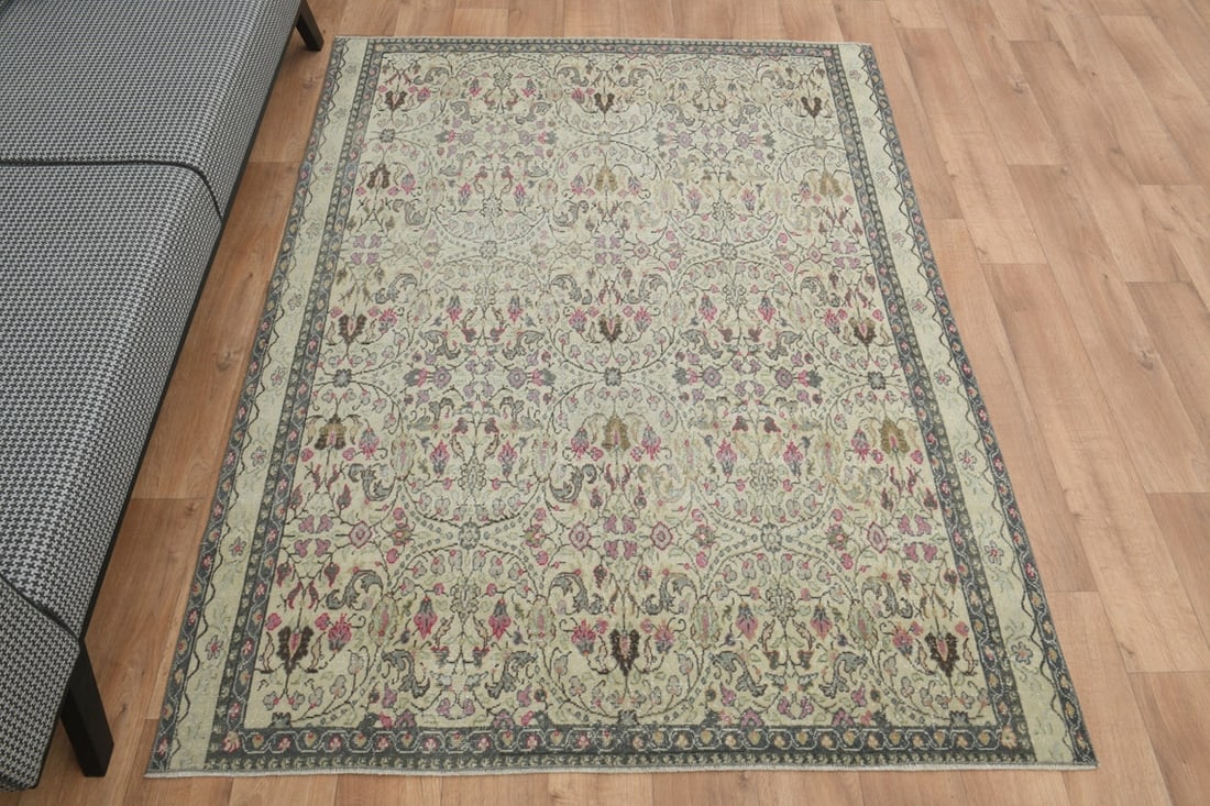 5x7 OUSHAK BEIGE Area Rug, Handmade: Title: 5x7 OUSHAK BEIGE Area Rug, Handmade Origin: Turkey Date/Period: 1960 - 1970 Materials: Wool And Cotton Size: Width: 5.4 feet; Length: 6.8 feet Description: This Turkish one-of-a-kind Vintage Tu