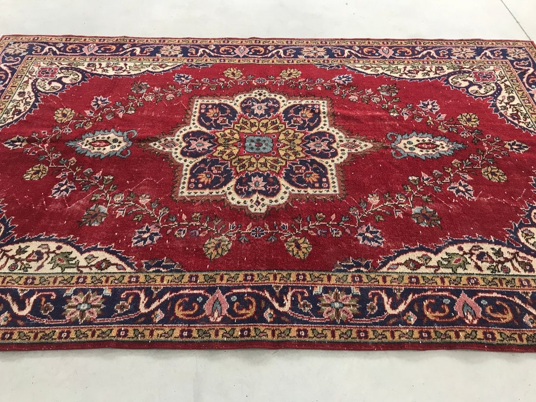 5.7x9.5 ft, RED TURKISH RUG, Vintage Oushak - 6