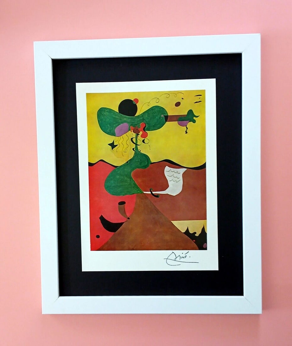 JOAN MIRO + BEAUTIFUL 1962 SIGNED PRINT "MRS. MILLS" + FRAMED: This is a Beautiful and Scarce Vintage 1962 Print JOAN MIRO FACSIMILE SIGNED IN INK Artwork size roughly 10 x 8 in. Hand Tipped and Mounted in a black acid free black board and framed. Covering