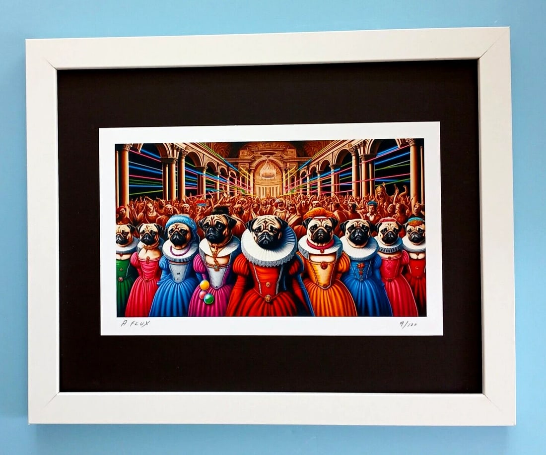 AIDAN FLUX | Hand Signed Original Print Framed Ltd. Ed. of 100 COA The Pugs: This is a Stunning and Scarce 100% Authentic New Print by Aidan Flux AIDAN Flux represents a new wave of artists who embrace technology as a partner in creation, crafting works that resonate with the