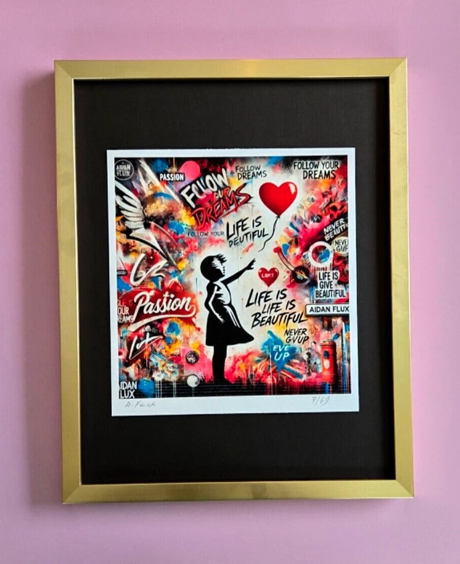AIDAN FLUX | Hand Signed Original Print Framed Ltd. Ed. COA " NEVER GIVE UP ": This is a Stunning and Scarce 100% Authentic New Print by Aidan Flux AIDAN Flux represents a new wave of artists who embrace technology as a partner in creation, crafting works that resonate with the