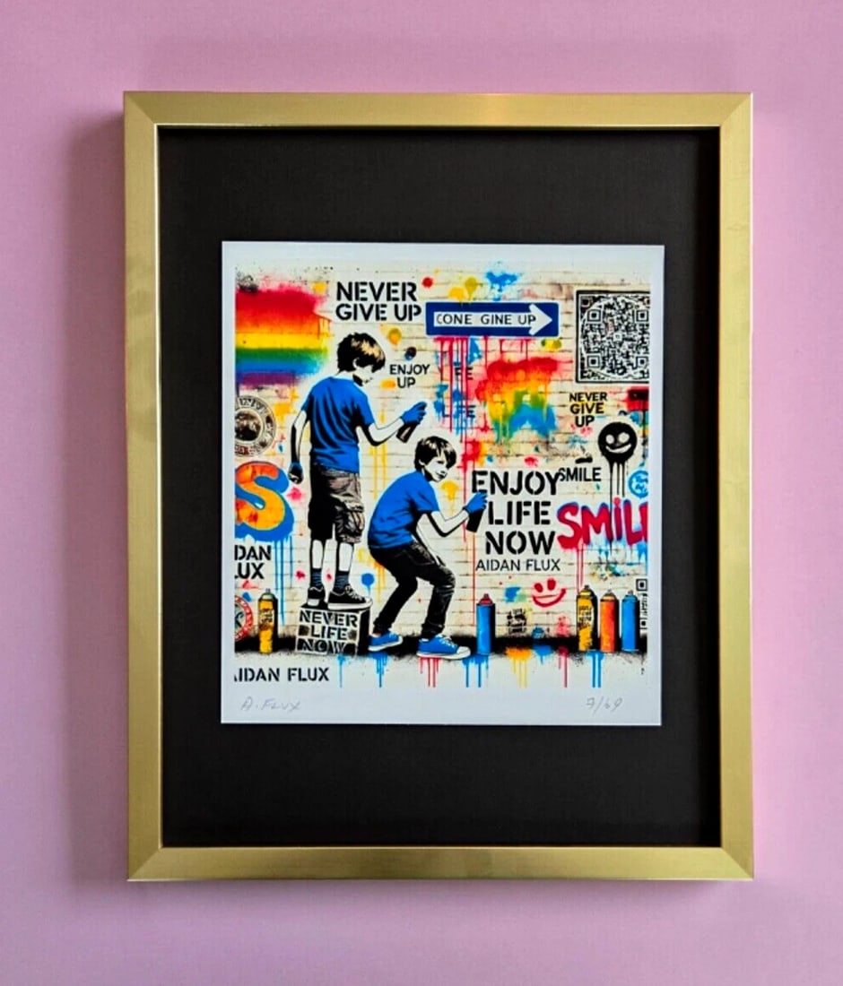AIDAN FLUX | Hand Signed Original Print Framed Ltd. Ed. COA " ENJOY LIFE NOW ": This is a Stunning and Scarce 100% Authentic New Print by Aidan Flux AIDAN Flux represents a new wave of artists who embrace technology as a partner in creation, crafting works that resonate with the
