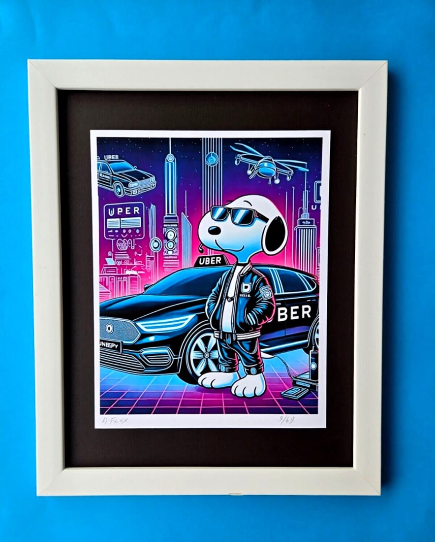 AIDAN FLUX | Hand Signed Print Framed LtdEd of 69 COA SNOOPY MY UBER DRIVER: This is a Stunning and Scarce 100% Authentic New Print by Aidan Flux AIDAN Flux represents a new wave of artists who embrace technology as a partner in creation, crafting works that resonate with the