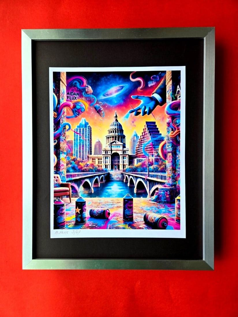 AIDAN FLUX Hand Signed Original Print Framed LtdED of 69 COA "MY AUSTIN TEXAS: This is a Stunning and Scarce 100% Authentic New Print by Aidan Flux AIDAN Flux represents a new wave of artists who embrace technology as a partner in creation, crafting works that resonate with the