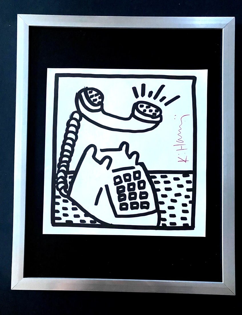KEITH HARING + SIGNED PRINT FRAMED: This is a Beautiful and Scarce Vintage 1989 Print after Keith Haring FACSIMILE SIGNED IN RED INK Print is about 8x8in. Mounted and Framed covering an area of 15x12 in. Printed in Bond Paper after the