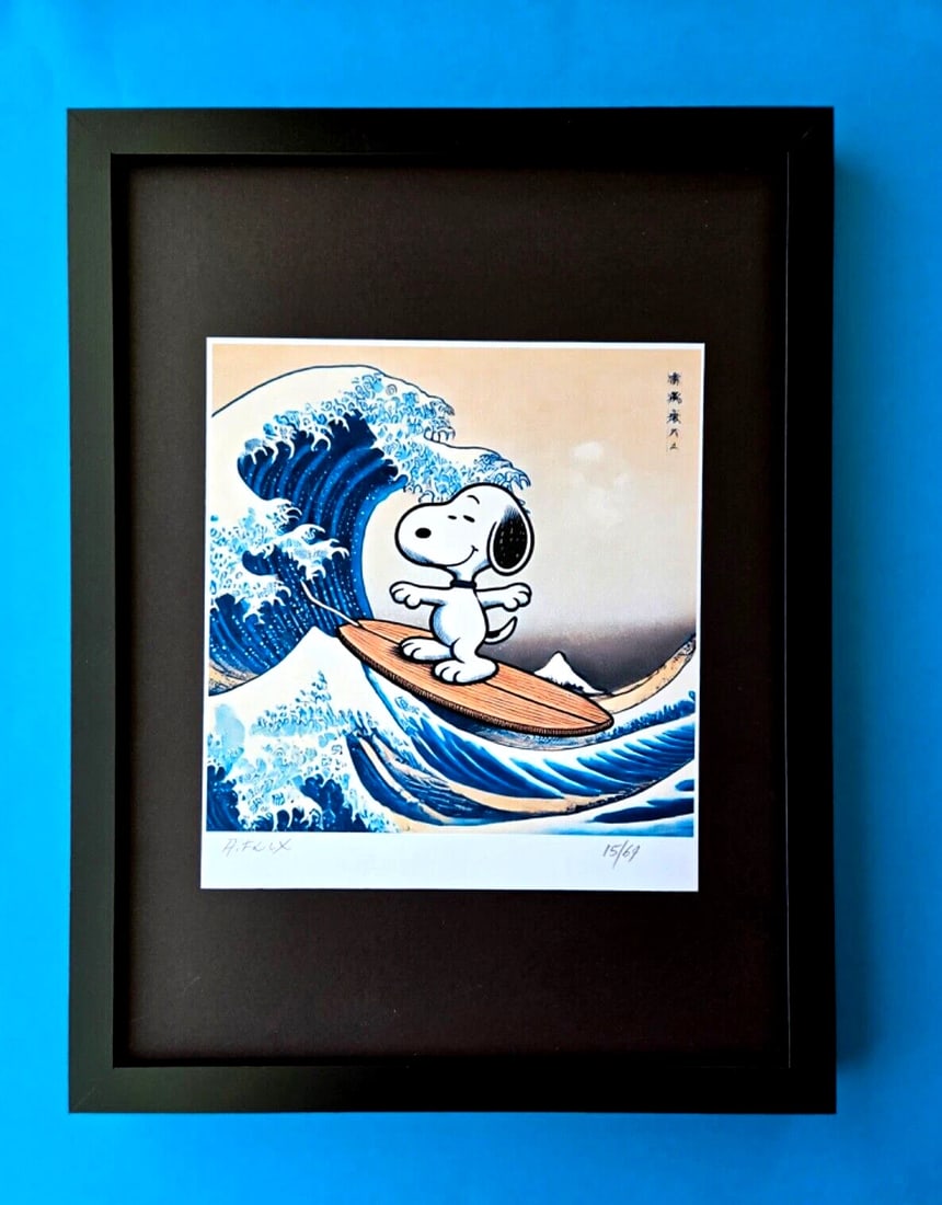 AIDAN FLUX | Hand Signed Original Print Framed LtdEd of 69 COA SNOOPY SURFING: This is a Stunning and Scarce 100% Authentic New Print by Aidan Flux AIDAN Flux represents a new wave of artists who embrace technology as a partner in creation, crafting works that resonate with the