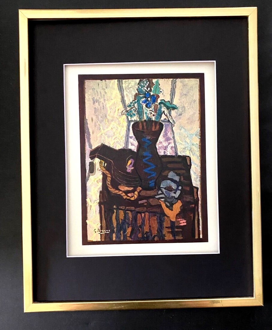 GEORGES BRAQUE + 1948 AWESOME SIGNED PRINT + COLLECTIBLE ITEM: This is a Beautiful and Scarce 1948 Vintage Print After GEORGES BRAQUE SIGNED IN THE PLATE Matted and Framed coveri9ng an area of 15x12in. Engraved and Printed in Beautiful Paper after Mr. Braque by B