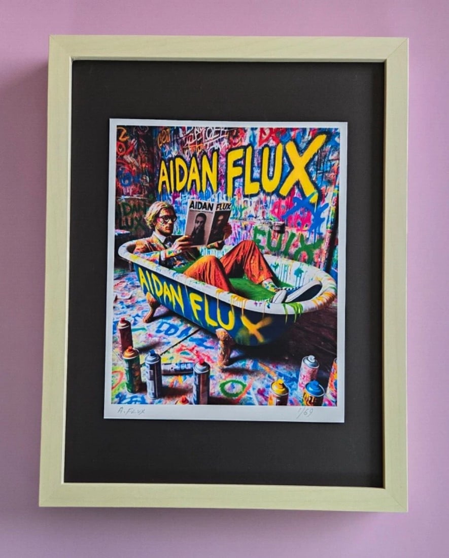 AIDAN FLUX | Hand Signed Original Print Framed | Ltd. Ed. of 69 COA | The Tub 1: This is a Stunning and Scarce 100% Authentic New Print by Aidan Flux AIDAN Flux represents a new wave of artists who embrace technology as a partner in creation, crafting works that resonate with the