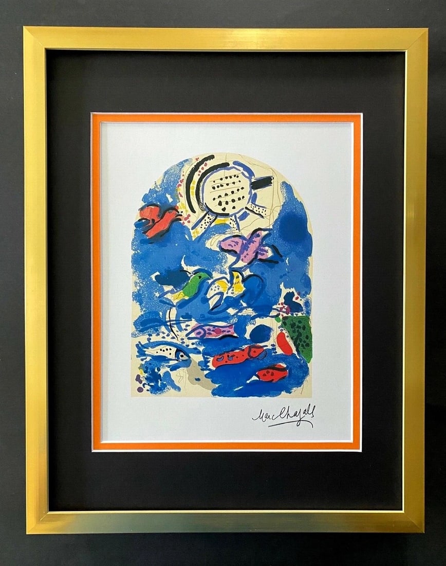 MARC CHAGALL +1967 BEAUTIFUL SIGNED WINDOW OF REUBEN PRINT MATTED 11X14: This is a Beautiful and Scarce 1967 Print after MARC CHAGALL FACSIMILE INK SIGNED WINDOW OF REUBEN From his Lithographs Collection Professionally Matted to be Framed at Home on your Favorite 11 x 14 P