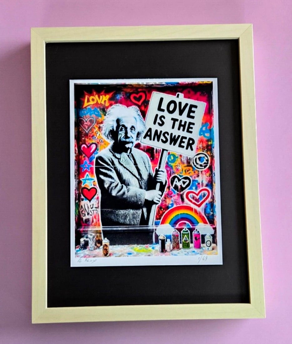 AIDAN FLUX | Hand Signed Original Print Framed COA Albert Einstein Love: This is a Stunning and Scarce 100% Authentic New Print by Aidan Flux AIDAN Flux represents a new wave of artists who embrace technology as a partner in creation, crafting works that resonate with the