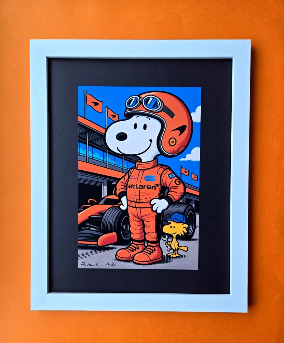 AIDAN FLUX | Hand Signed Print Framed LtdED of 69 COA SNOOPY IS MY MCLAREN PILOT (1 of 3)