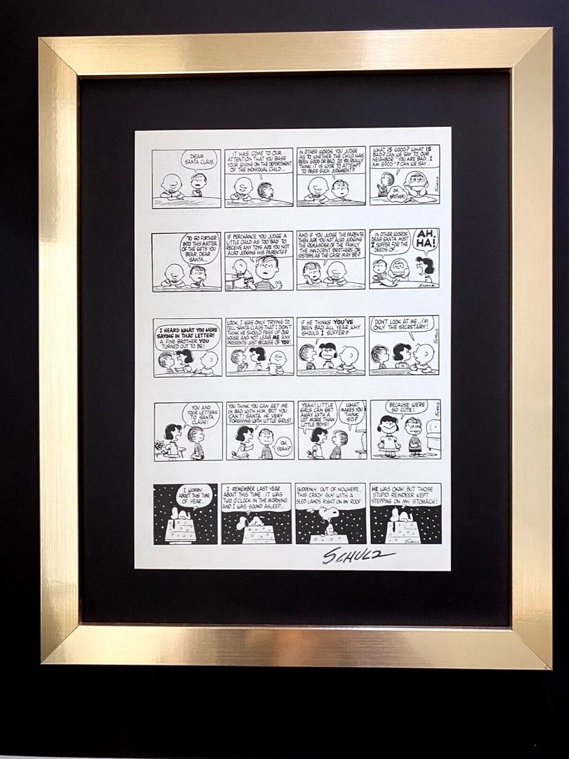 CHARLES SCHULZ + Signed Vintage 1968 Peanuts SNOOPY Cartoon + New Frame: WE HAVE FOR SALE TODAY THIS BEAUTIFUL VINTAGE 1968 OFFSET LITHOGRAPH AFTER CHARLES M. SCHULTZ PEANUTS CARTOON FACSIMILE SIGNED IN INK ART PRINT IS ABOUT 11.2 X 8.4IN THIS ART PRINT IS MOUNTED ON A 14