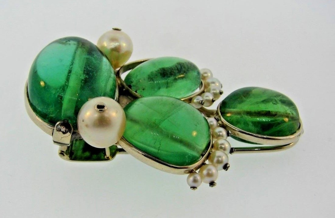 UNIQUE Seaman Schepps 14k White Gold, Fluorite & Pearl Clip Brooch - 2