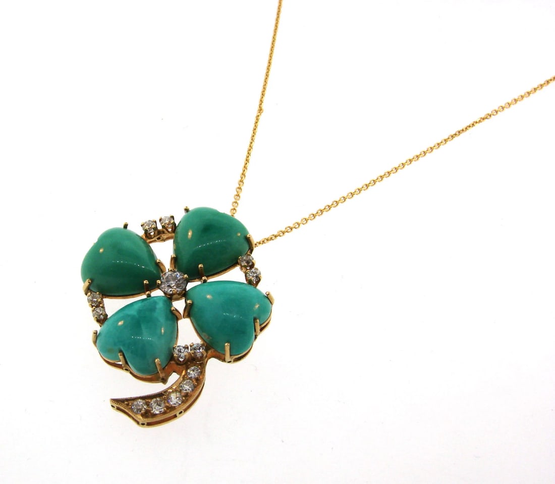 Victorian Turquoise & Diamond 14k Yellow Gold Four Leaf Clover Pendant Necklace - 2