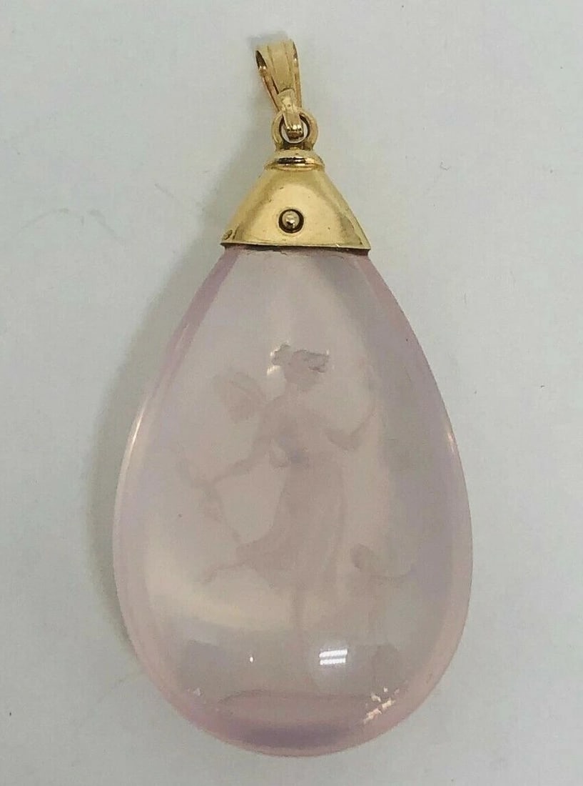 Vintage Carved Woman Rock Crystal Yellow Gold Pendant - 4