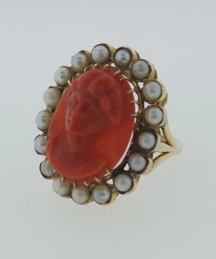 VICTORIAN C.1900 ANTIQUE CARVED CORAL PEARL PORTRAIT OVAL RING 14K YELLOW GOLD - 6