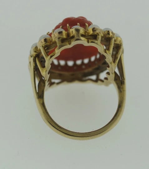 VICTORIAN C.1900 ANTIQUE CARVED CORAL PEARL PORTRAIT OVAL RING 14K YELLOW GOLD - 7