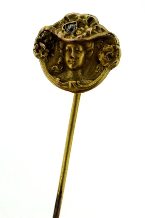 ART NOUVEAU 14K YELLOW GOLD DIAMOND STICK PIN C.1890 ANTIQUE WOMAN IN A HAT: Title: ART NOUVEAU 14K YELLOW GOLD DIAMOND STICK PIN C.1890 ANTIQUE WOMAN IN A HAT Description: 14K YELLOW GOLD DIAMOND ANTIQUE C.1890 STICK PIN GREAT GIFT WEIGHT - 1.5 G MEASURES - 2 3/8'' X 9/16'' T