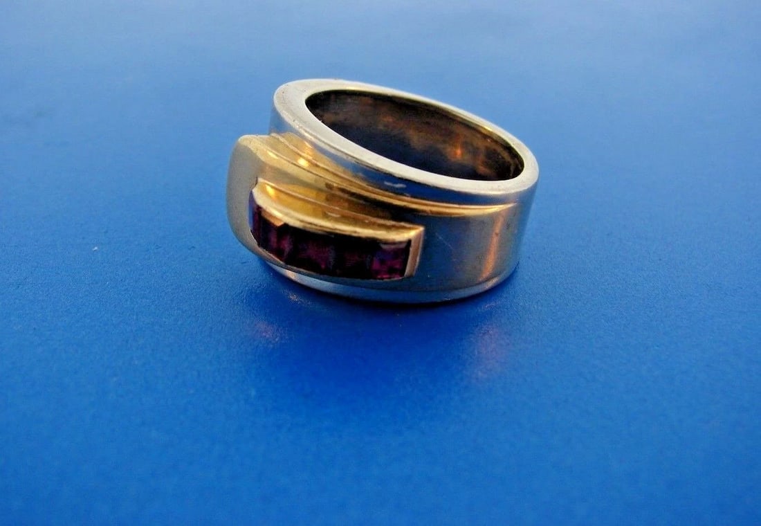 RETRO 18k Yellow Gold, Silver & Ruby Ring - 2