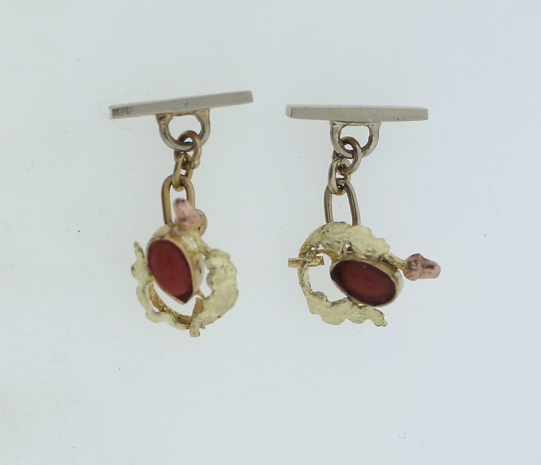 C.1900 14K YELLOW & ROSE GOLD CORAL CUFFLINKS MEN'S JEWELRY CUFF LINKS - 2