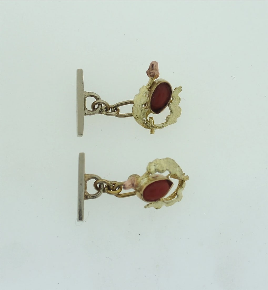 C.1900 14K YELLOW & ROSE GOLD CORAL CUFFLINKS MEN'S JEWELRY CUFF LINKS - 3