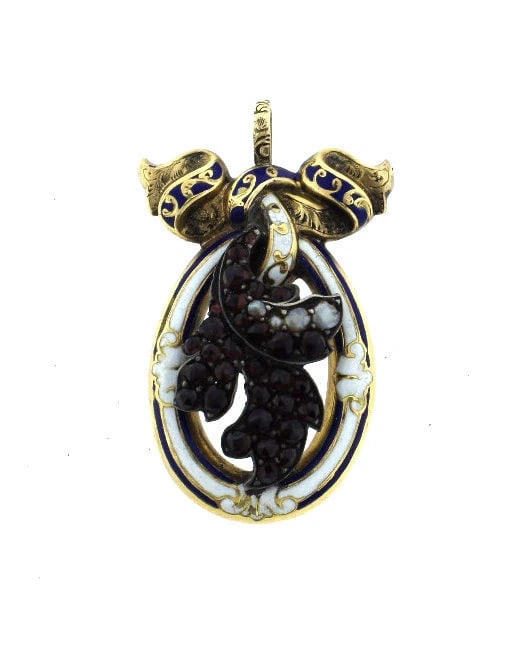 VICTORIAN C.1910 ANTIQUE 14K YELLOW GOLD ENAMEL NATURAL PEARL PENDANT GARNET (1 of 1)
