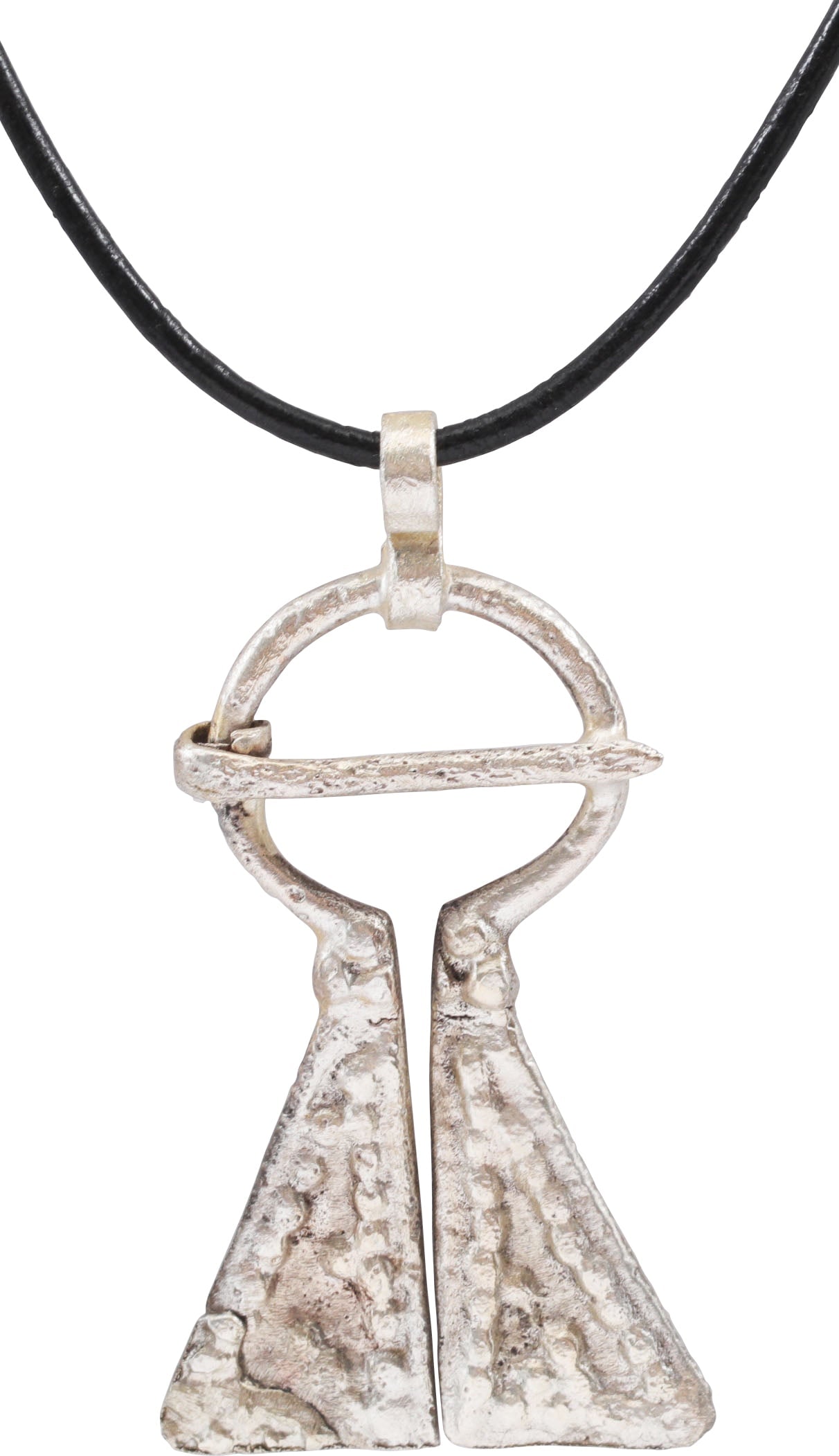 FINE VIKING PROTECTIVE BROOCH, C.950-1050 AD: Large example, just under 2”(1.95”) height of omega form. Circular top with large triangular terminals decorated in pelleted triangles. The junctions with triple pellet decoration. When