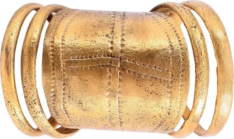 SUPERB VIKING COIL RING, 10TH-11TH CENTURY AD, SIZE 9 - 9 1/4: Gilt bronze, size, 9-9 1/4, of intricate construction. Made from a single piece by the lost wax process with a broad flat lenticular central panel hand engraved with double stipple borders enclosing a