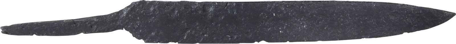 FINE VIKING SCRAMASAX, 8TH-10TH CENTURY AD: 8th-10th century AD. Slightly under 7" length. This is a thousand-year-old Viking throat-slashing weapon. Classic form with dropped point and near straight cutting edge. Tapered tang for mounting to