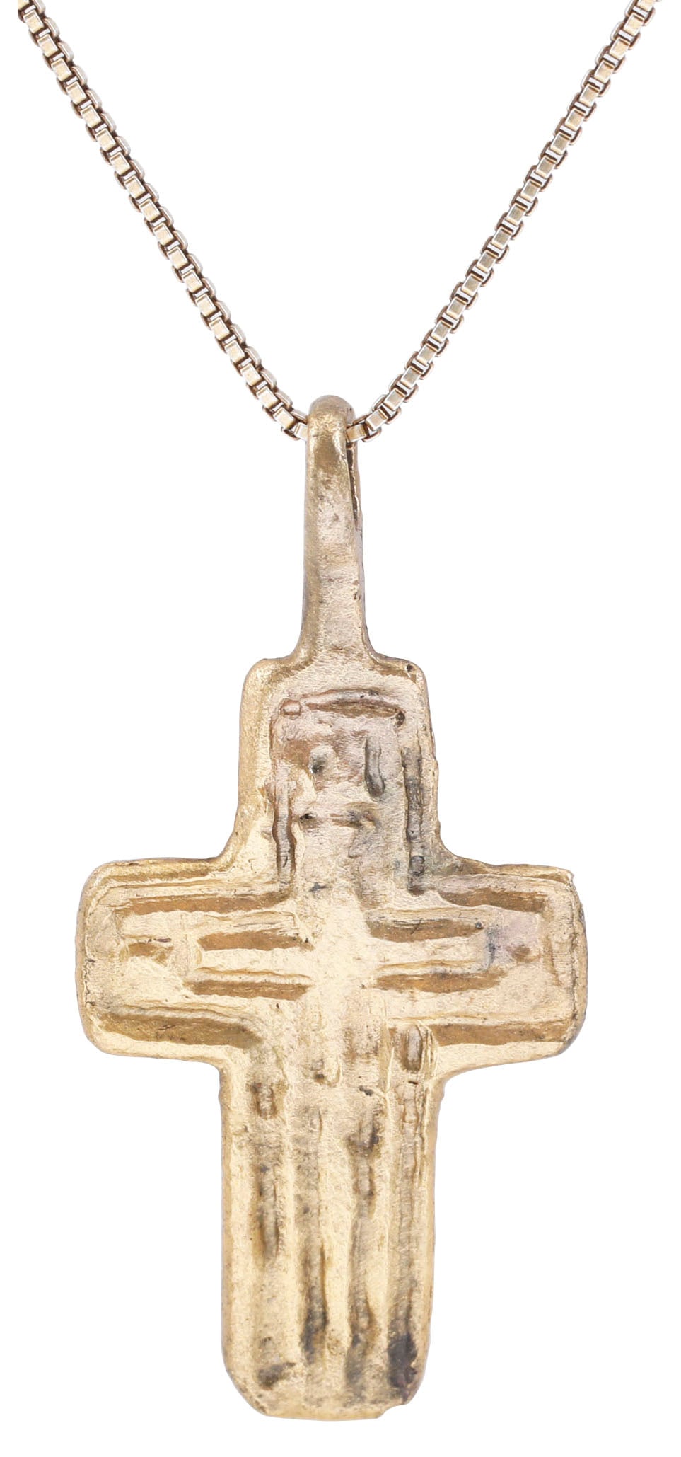 FINE EASTERN EUROPEAN CROSS NECKLACE: Ukrainian or Russian, 17th-18th Century, Orthodox rite. Gilt bronze, just over 1 3/8” (1.45”) height. Broad beams with raised edges and a plain cross center with charges and ciphers at