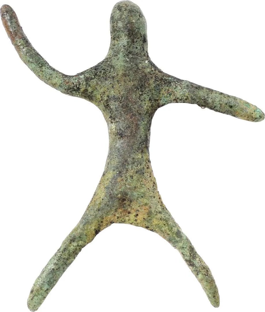 CELTIC BRONZE WARRIOR FIGURE, 2ND-1ST CENTURY BC: An equestrian figure minus the horse. Over 1 1/2" height with right arm raised and the left extended. The legs spread for the horse back. Particularly lender and articulated. The face with