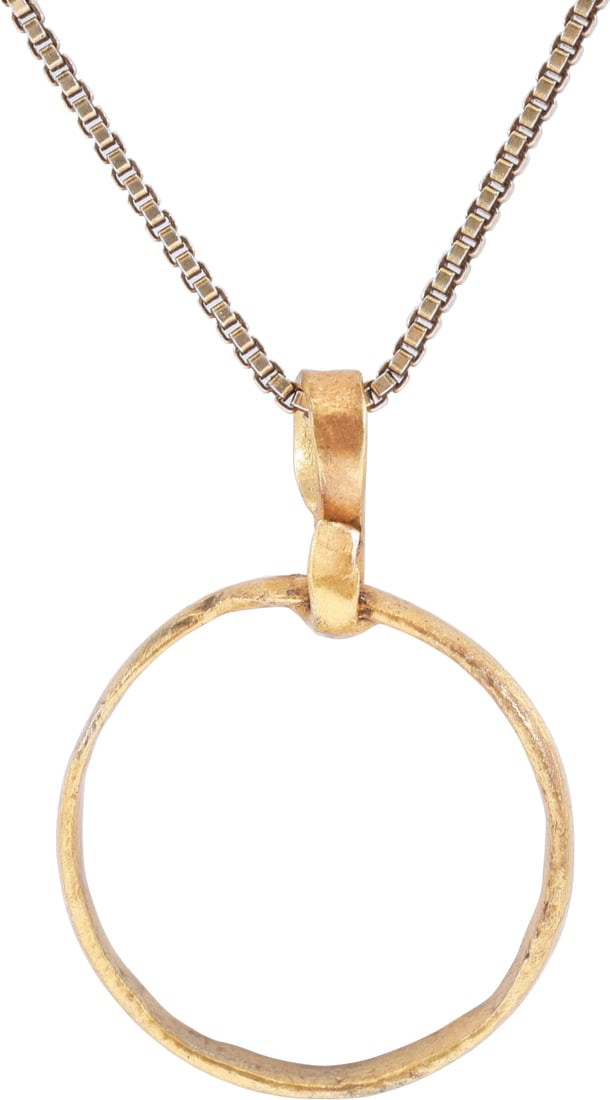 VIKING BEARD RING NECKLACE, 9TH-11TH CENTURY: Round with rounded face, 0.57” inside diameter and 0.62” outside, 2.2mm thick. The use of beard rings by Vikings is well documented though very few genuine examples survive. Professionally