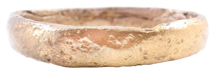 ANCIENT VIKING WARRIOR’S S WEDDING RING C.850-1050 AD, SIZE 8 1/2: Good wearable size, just over 8 1/2. Low rounded face band 3.7mm width. Surface textured from burial and wear. Professionally refurbished with the 24karat gold overlay restored for modern wear. Jewelr