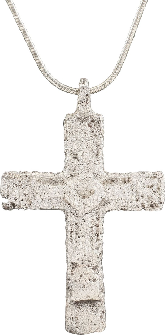 EASTERN EUROPEAN CHRISTIAN CROSS NECKLACE, 17th-18th CENTURY: 17th-18th century, Orthodox rite. Silvered bronze, about 1 3/4" total height. Relief decorated with raised edges to the front enclosing a vacant cross with circle (halo) at the center and cipher(?) pa