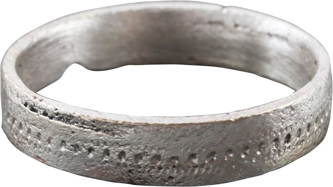 VIKING WEDDING RING, SIZE 2 ¼: 9th century, Cambridgeshire England. Size 2 1/4 for the small finger as was the custom. Bronze, with a flat face and of 2.8mm width with a central decorative stipple band. Vikings exchanged rings on t