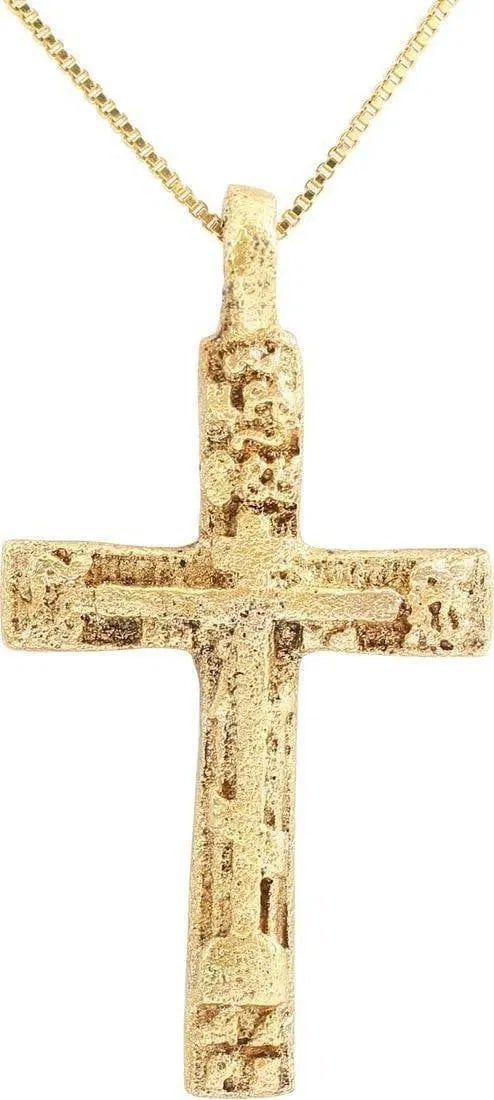 MAGNIFICENT EUROPEAN CROSS, 17TH-18TH C.AD: Over 1 3/4" total height. Narrow beams, the crossbeam above the center. Centered cross without Corpus Christi. Each terminal with cabalistic ciphers, perhaps Cyrillic. Modeled in crisp especially