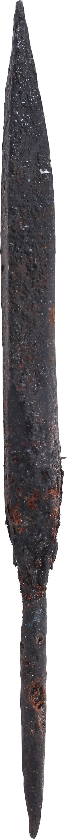 RARE CRUSADER'S CROSSBOW BOLT: 3 1/4" long, forged iron with distinct wrought iron patterning. Elongated diamond section point on rounded section base and tapered tang for securing in a bound socket bolt. Design specific to the