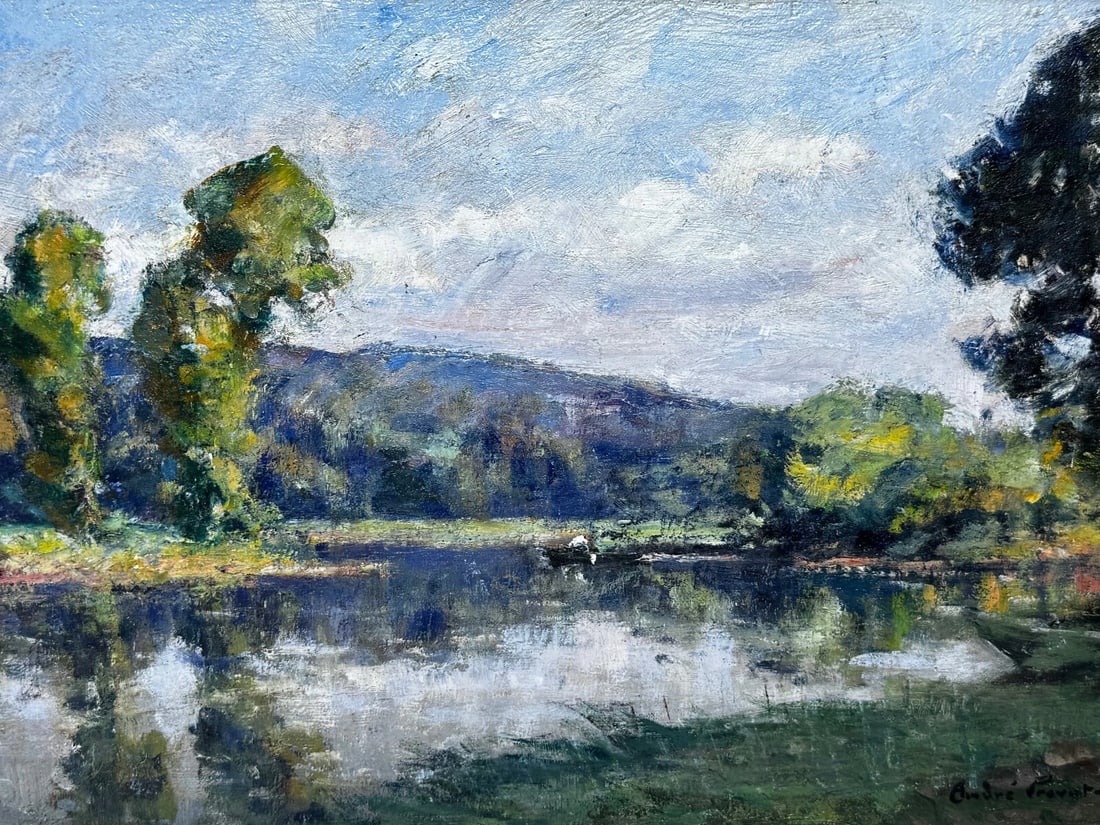 Oil Painting Fisherman On River Orne Normandy France By André Prévot-Valéri - 3