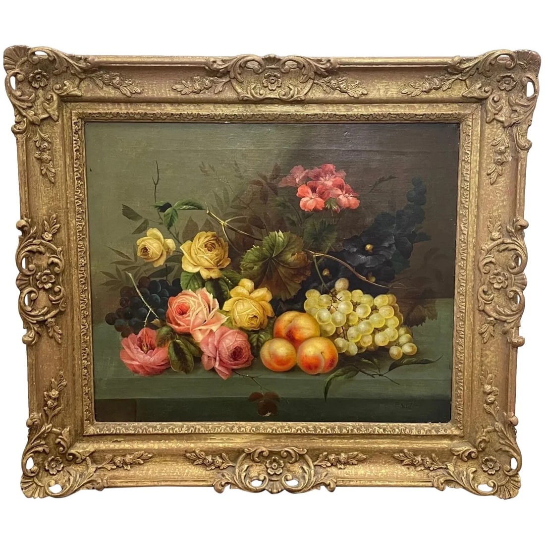 19th Century British Work Of Art Oil Painting Still Life Roses Peaches & Grapes (1 of 20)