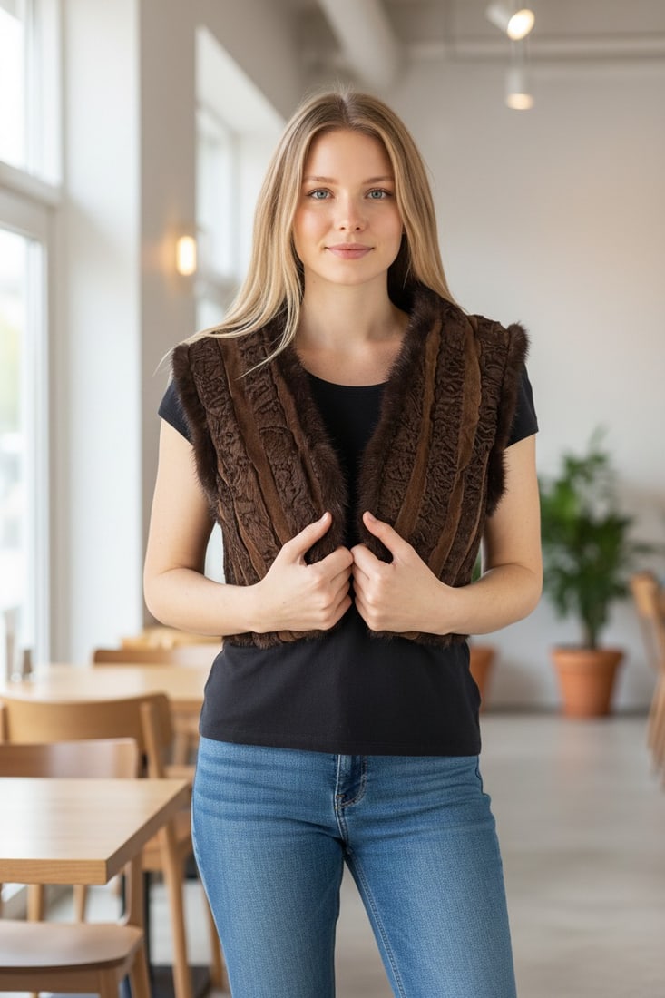 BROWN KARABUL FUR VEST EU: L - US:16 - 2
