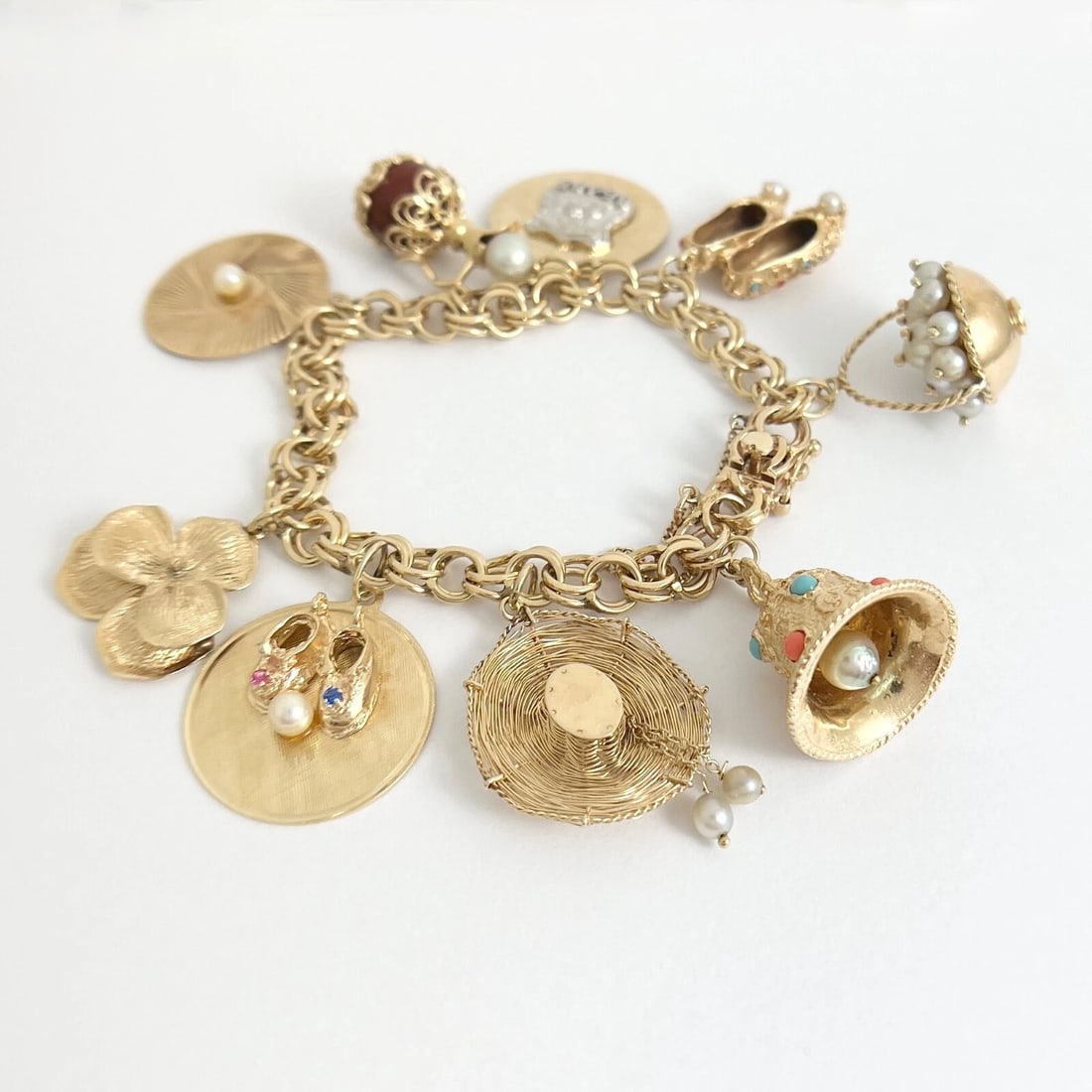 Vintage 1950's Pearl Shoes Hat Police Charm Bracelet 14K Yellow Gold, 59.27 Gram - 2