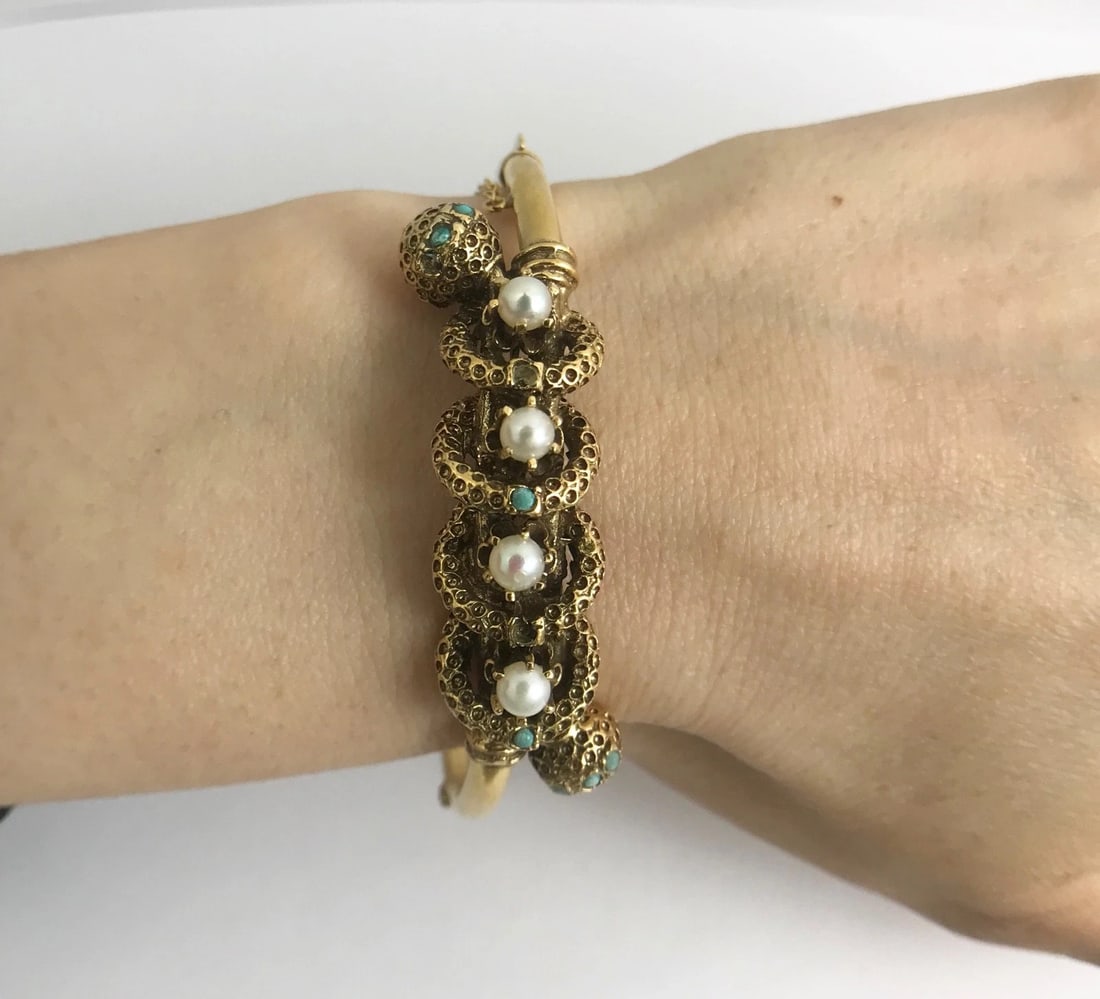 Victorian Revival Pearl Turquoise Bangle Bracelet 14K Yellow Gold, 20.39 Gr - 2