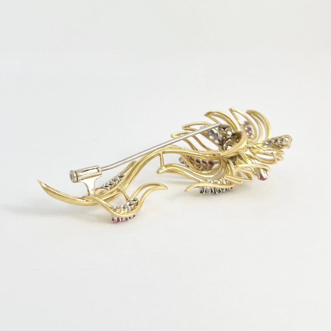 Vintage 1960's Sapphire Ruby Flower Brooch Pin 18K Yellow Gold, 12.49 Gr - 8