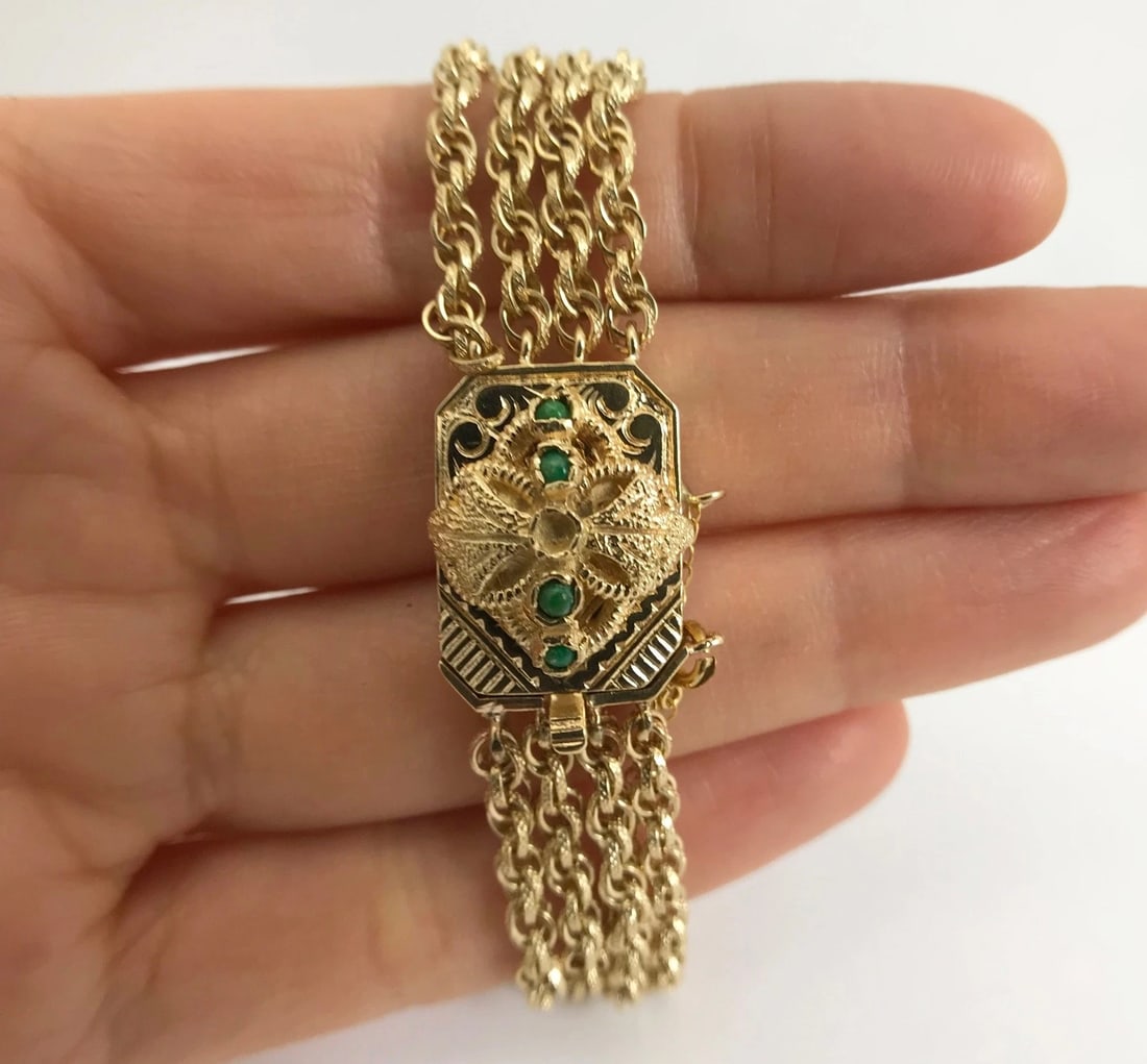 Vintage 1940's Jade Pendant Multi-Strand Chain Bracelet 14K Yellow Gold 23.96 Gr - 3