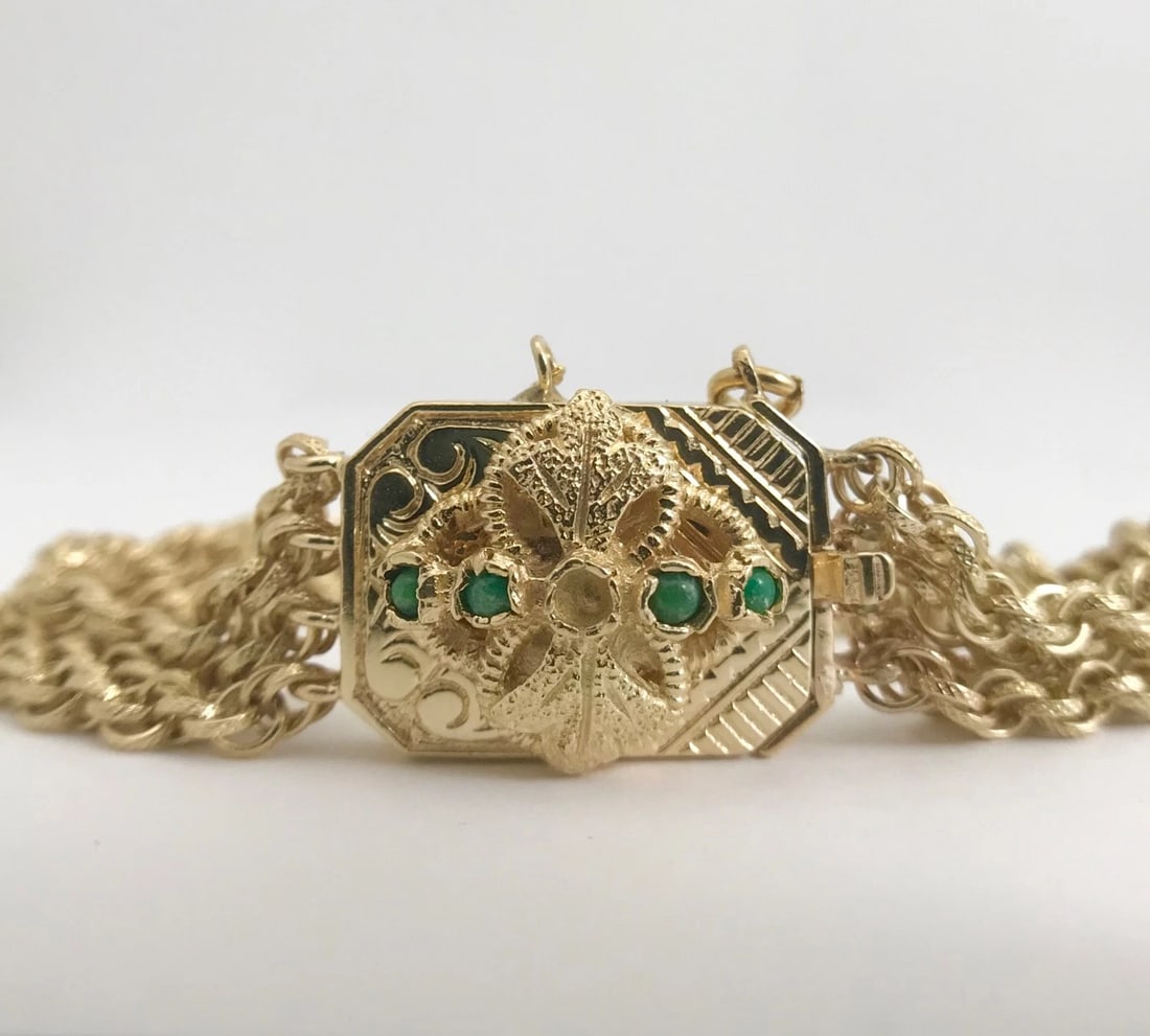 Vintage 1940's Jade Pendant Multi-Strand Chain Bracelet 14K Yellow Gold 23.96 Gr - 8