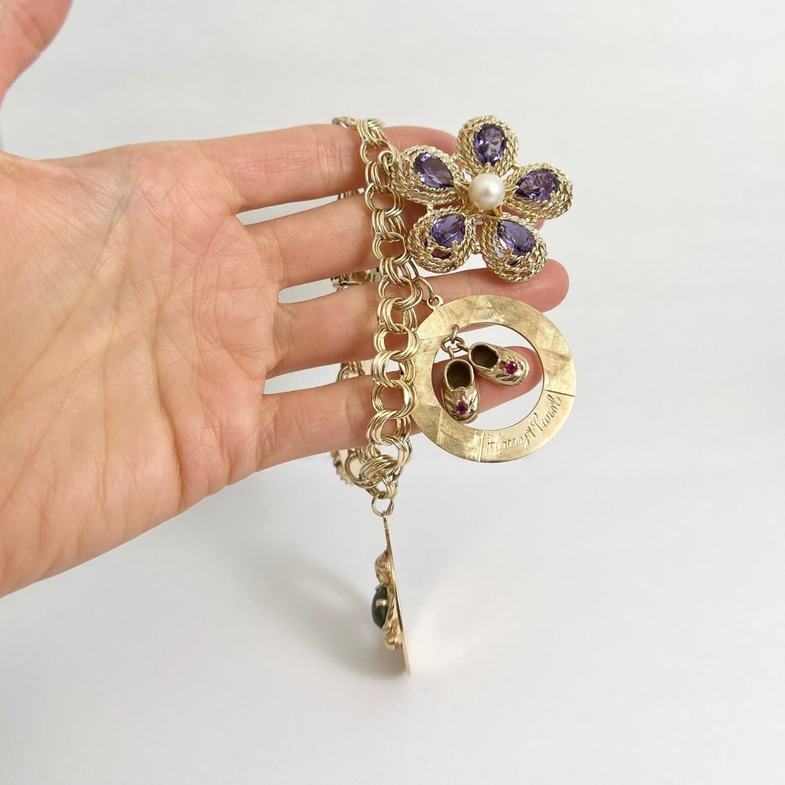 Vintage 1950's Flower Cupid Baby Shoes Charm Bracelet 14K Yellow Gold, 72.44 Gr - 4