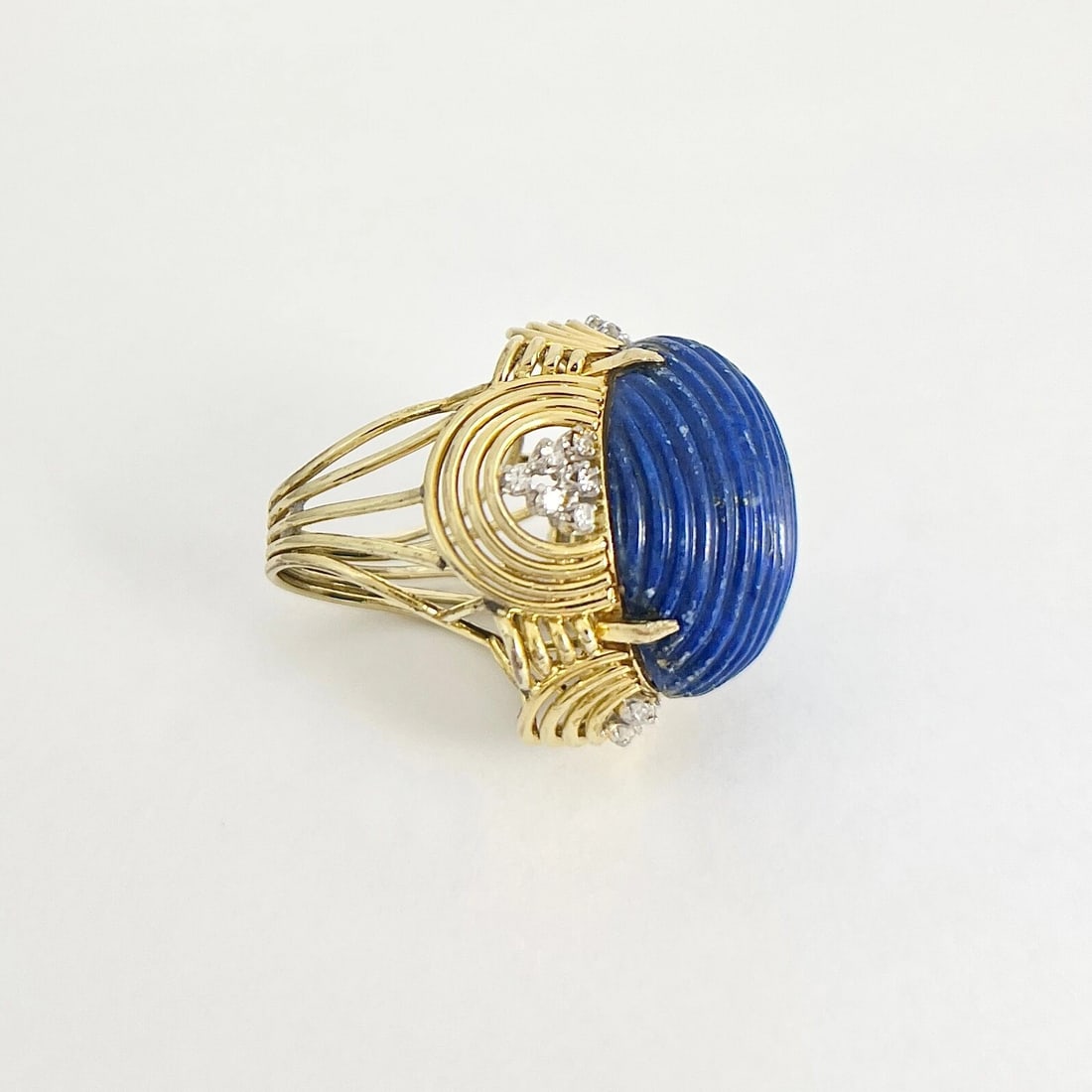 Vintage 1960's Blue Lapis Lazuli Diamond Cocktail Ring 14K Yellow Gold, 22.93 Gr - 6